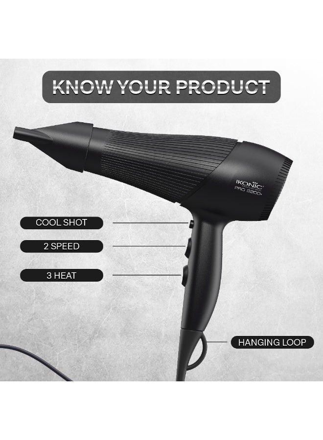 أي كونيك مجفف شعر Ikonic Pro 2200+، بقدرة 2200 واط مع محرك AC قوي، تقنية الأيونات، إعدادان للسرعة و3 إعدادات للحرارة، زر هواء بارد (Cool Shot)، مستوى ضوضاء منخفض، مزود بموزّع هواء وفوهة للتصفيف، مناسب للنساء والرجال، باللون الأسود، مناسب لجميع أنواع الشعر. - Image 4